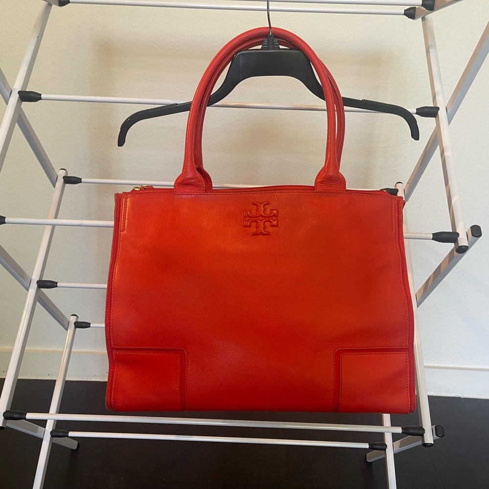 Tory Burch Vibrant Red Leather Tote (Ella Canvas)